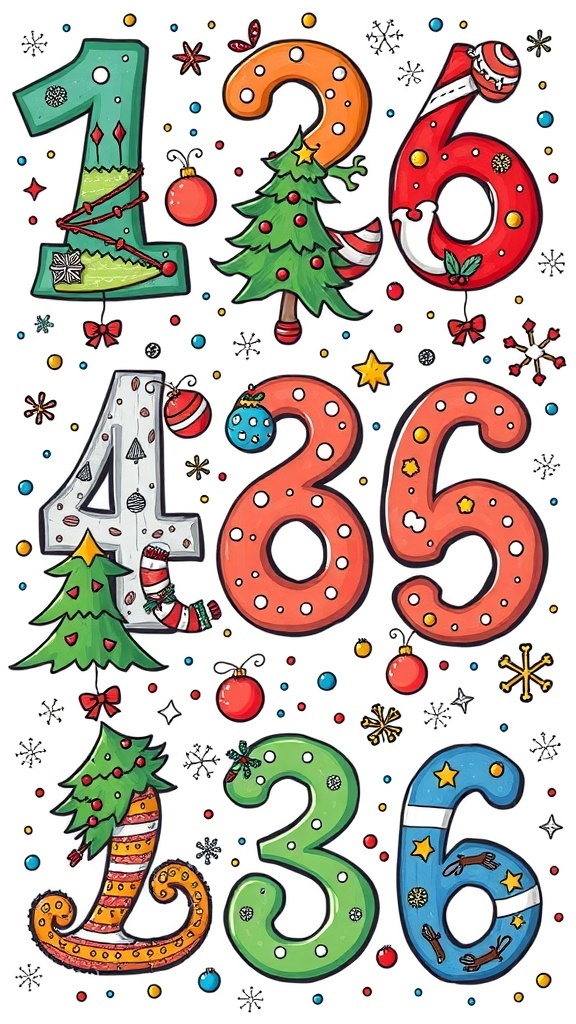 A variety of Christmas doodles with numbers, decorated with trees, ornaments, and snowflakes.